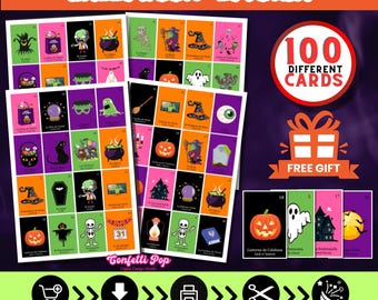 Könnte beinhalten: Ein druckbares Halloween-Loteria-Spiel mit 100 verschiedenen Karten. Die Karten zeigen verschiedene Halloween-Motive, darunter eine Hexe, ein Geist, ein Kürbis und ein Kessel. Das Spiel enthält auch ein kostenloses Geschenk.