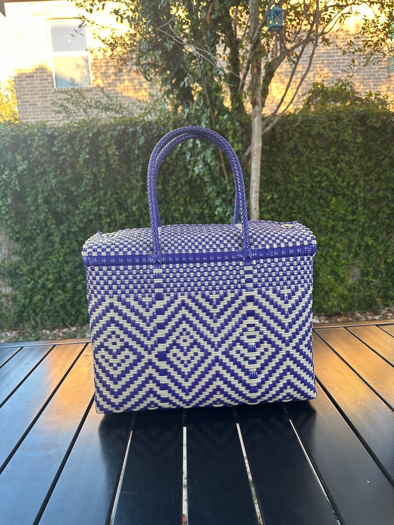 Large Mexican Recycled Plastic Woven Tote Bag, Artisan Made, Box Tote