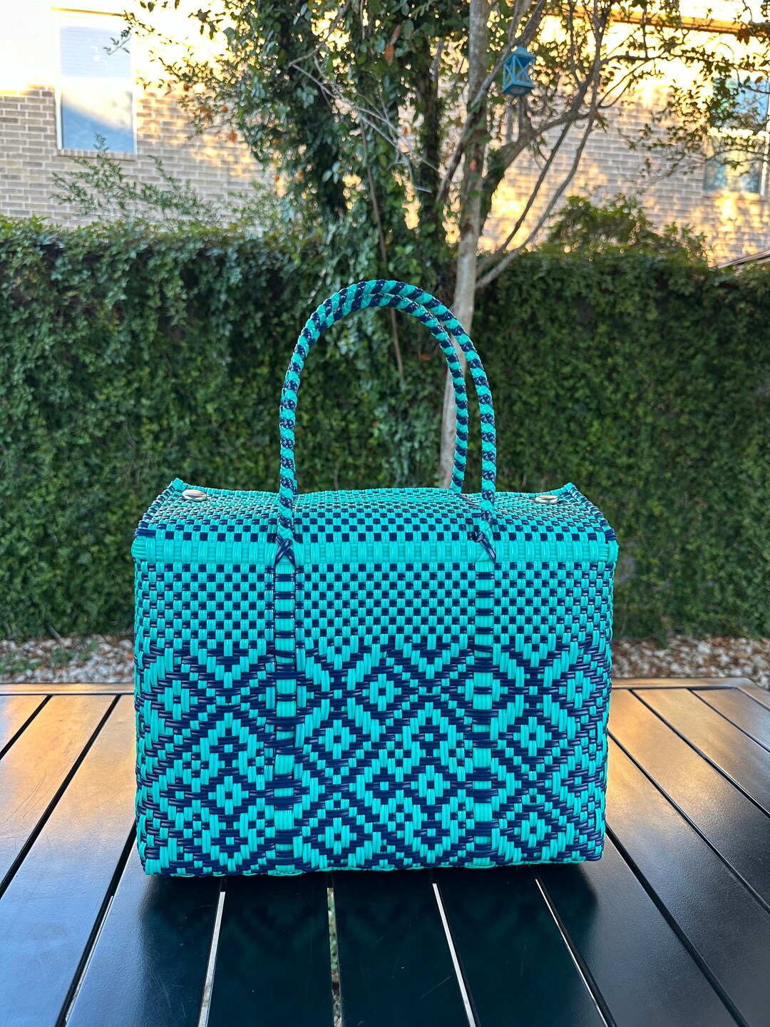 Large Mexican Recycled Plastic Woven Tote Bag, Artisan Made, Box Tote