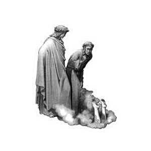 May include: Black and white sticker featuring a detailed illustration of two figures observing a scene with a pair of legs emerging from a cloud-like formation. The figures are dressed in classical robes and laurel wreaths.
