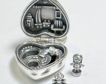 Polly Pocket Baby and Ducky Locket Sterling silver charm with Rose Quartz pink crystal for necklace /bracelet