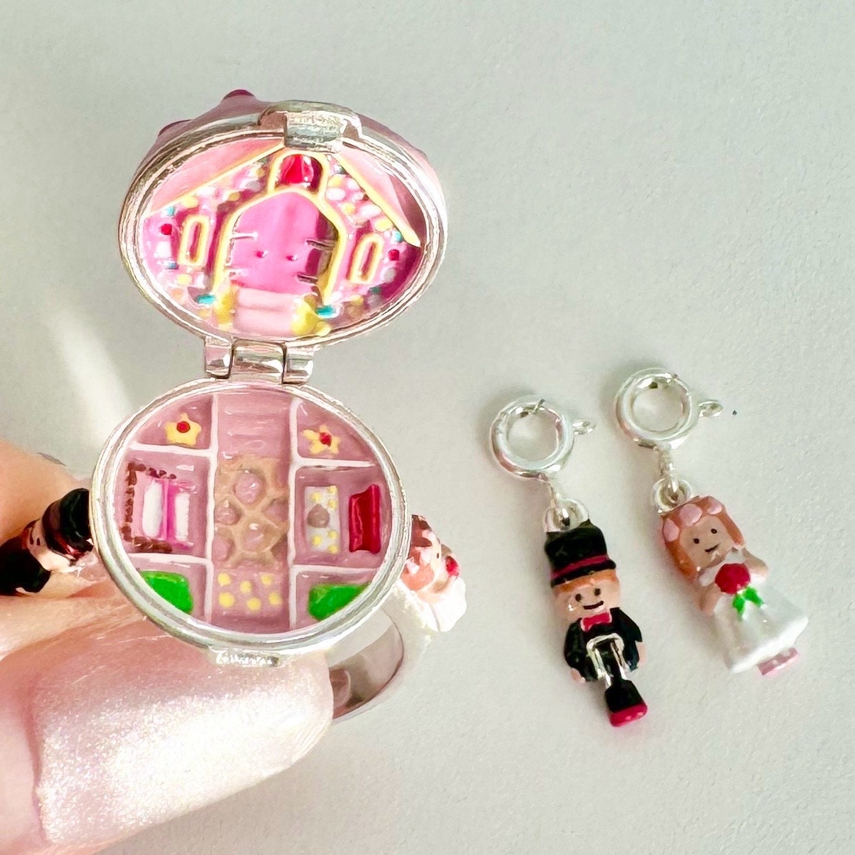 Polly pocket Bridesmaid Polly Nancy's Wedding Day Sterling silver charm Ring locket with Color Enamel