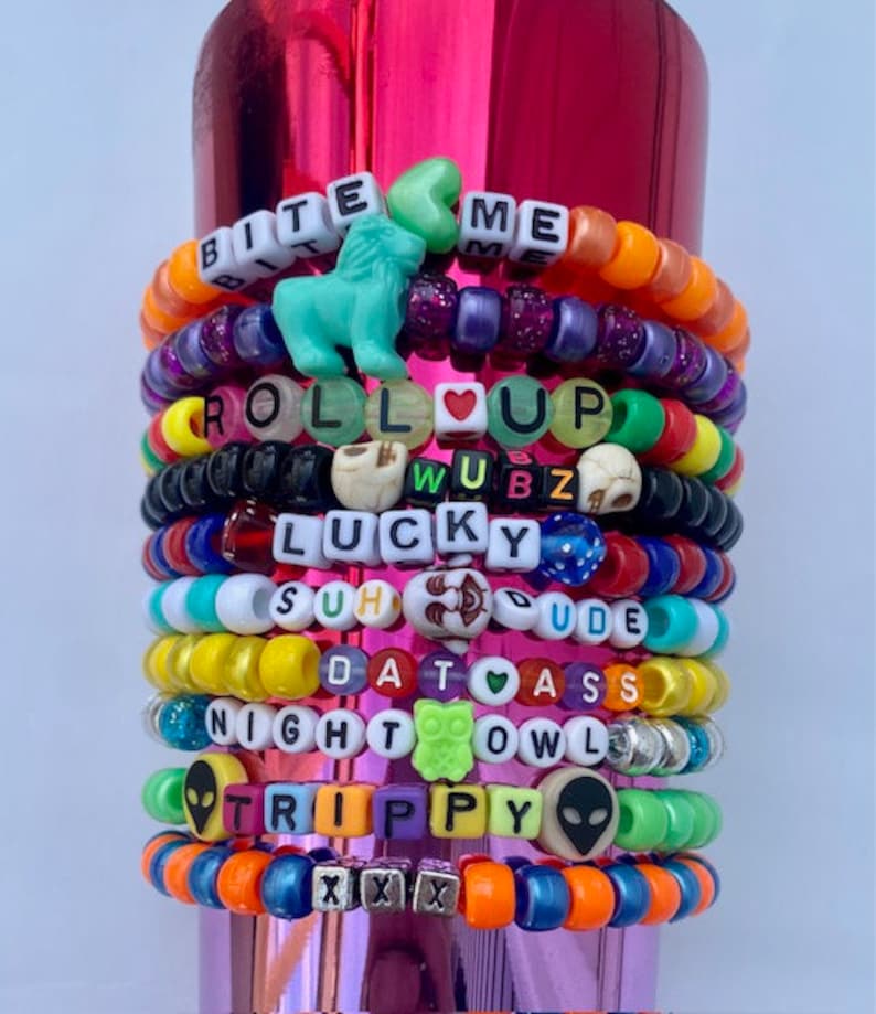 Kandi Rave Bracelets (15 Pack) - Glow In The Dark, Pony Beads & Charms For Music Festivals, EDM Parties, PLUR Trading