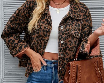 Leopard Button Up Dropped Shoulder Denim Jacket