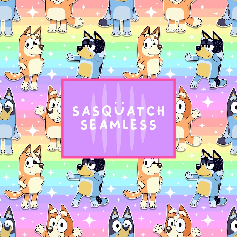 Set of Three Blue Dog Family Seamless Patterns on Rainbow Cool Kids