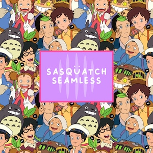 May include: A colorful, cartoon-style seamless pattern featuring characters from the animated film 'My Neighbor Totoro'. The pattern includes Totoro, the cat bus, and other characters from the film. The pattern is set against a white background.