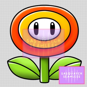 May include: A cartoon flower with a red, orange, and yellow center and green leaves. The center of the flower has a white face with two black eyes.