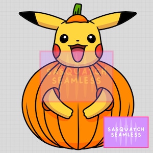 May include: A yellow Pikachu cartoon character wearing a pumpkin costume. The pumpkin is orange with a green stem and a black outline. The Pikachu is smiling with its mouth open and tongue sticking out. The text "Sasquatch Seamless" is written in pink on the pumpkin.
