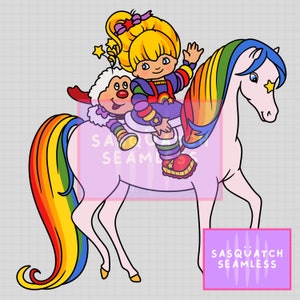 May include: A cartoon illustration of a girl riding a pink unicorn with a rainbow mane and tail. The girl wears a rainbow outfit and is accompanied by a smiling, fluffy white creature. The image has a whimsical, playful theme.