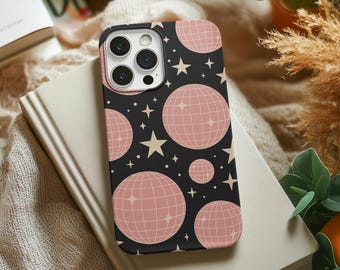 Retro Pink Disco Ball Phone Case with Stars – Trendy Black Aesthetic Cover for iPhone, Samsung Galaxy & Google Pixel, Protective Cover