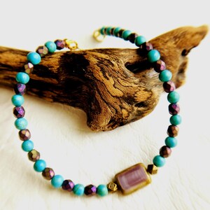 Turquoise Gemstone Bracelet: Purple Fire Polish Beads, Czech Glass Focal