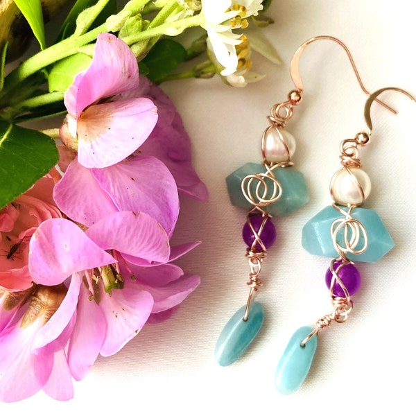 Celebrating Wire Art Creations, Gemstones and Wirework Jewelry, Rose Gold Plated, Aventurine and Jade Earrings, Dancing Swirls with Stones.