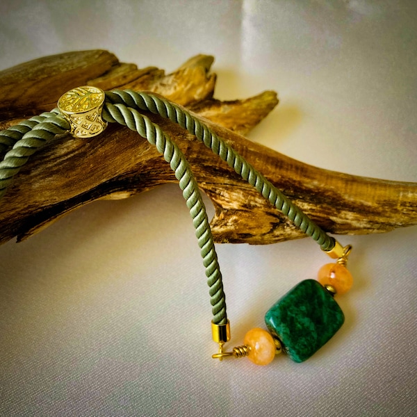 Rectangular  Green Jasper and Orange Jade Bracelet, Boho, Chic, Unisex Jewelry, Focal Center Jasper Gemstone, Artistic Design Charmin style.