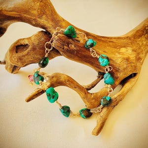 Handmade Turquoise Pebble Bracelet: Gold Wire Wrap, Elegant Stone Beads