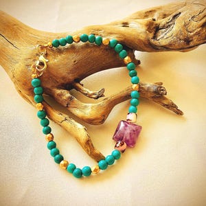 Turquoise & Amethyst Gemstone Bracelet: Minimalist Dainty Design