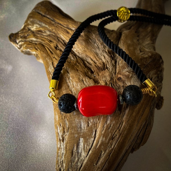 Black Lava Beads and Coral Unisex Bracelet, Unique Adjustable Black Cord, Tree of Life Slider, Handmade Jewelry for Friends and Family.