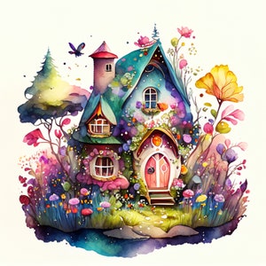 Watercolor Fairy House Clipart: High-Resolution PNG Graphics (Digital Download)