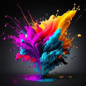 May include: A vibrant explosion of colorful paint in shades of blue, purple, red, orange, and yellow. The paint appears to be splattered and swirling, creating a dynamic and abstract design.