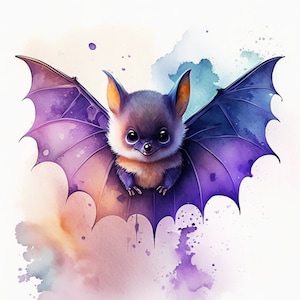 Cute Bat Clipart | 300dpi High Resolution | PNG Graphics | Instant Download for Commercial Use | Watercolor Cute Bat Clipart 
