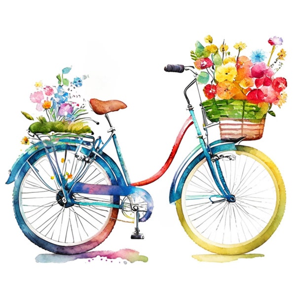 Cute Retro Bicycle Clipart | 300dpi | PNG Graphics | Instant Download for Commercial Use | Watercolor Cute Retro Bicycle Clipart 