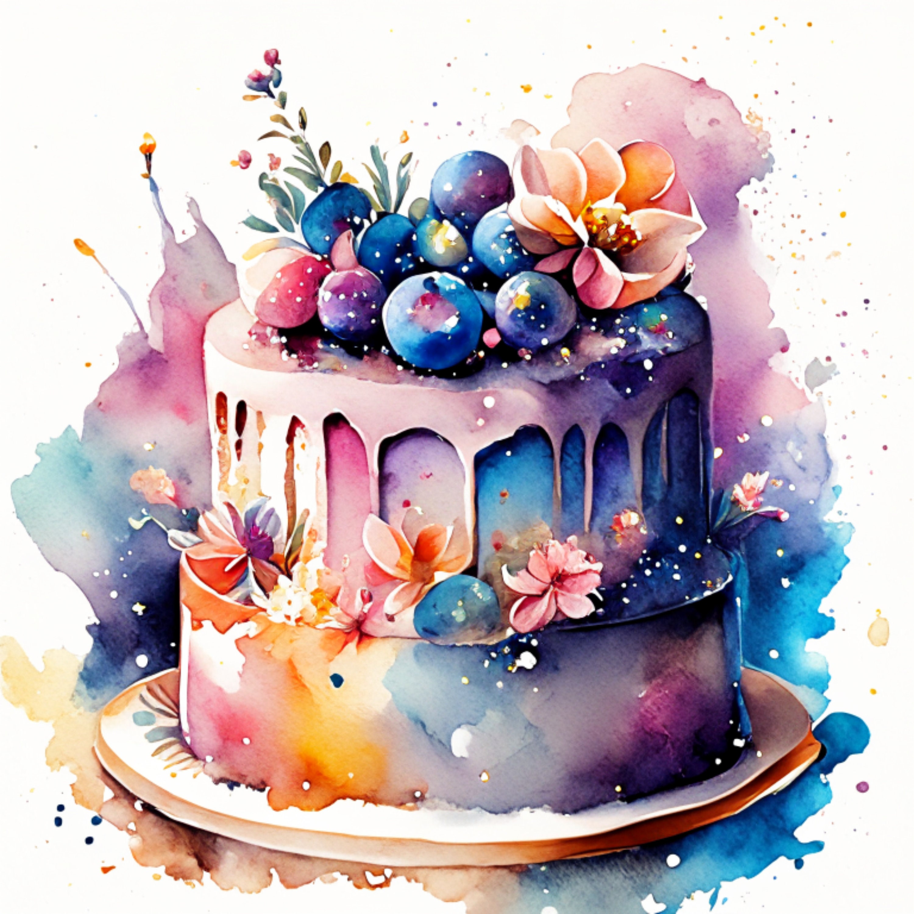 Watercolor Birthday Cake Clipart: High-resolution PNG Graphics (instant ...