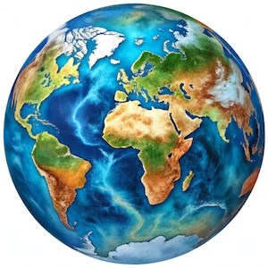 May include: A detailed globe of the Earth with a blue ocean and brown, green, and white continents. The globe is a 3D representation of the planet.