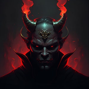 May include: A digital illustration of a devil with red eyes, horns, and a pointed beard. The devil is wearing a dark red collar and is surrounded by flames.