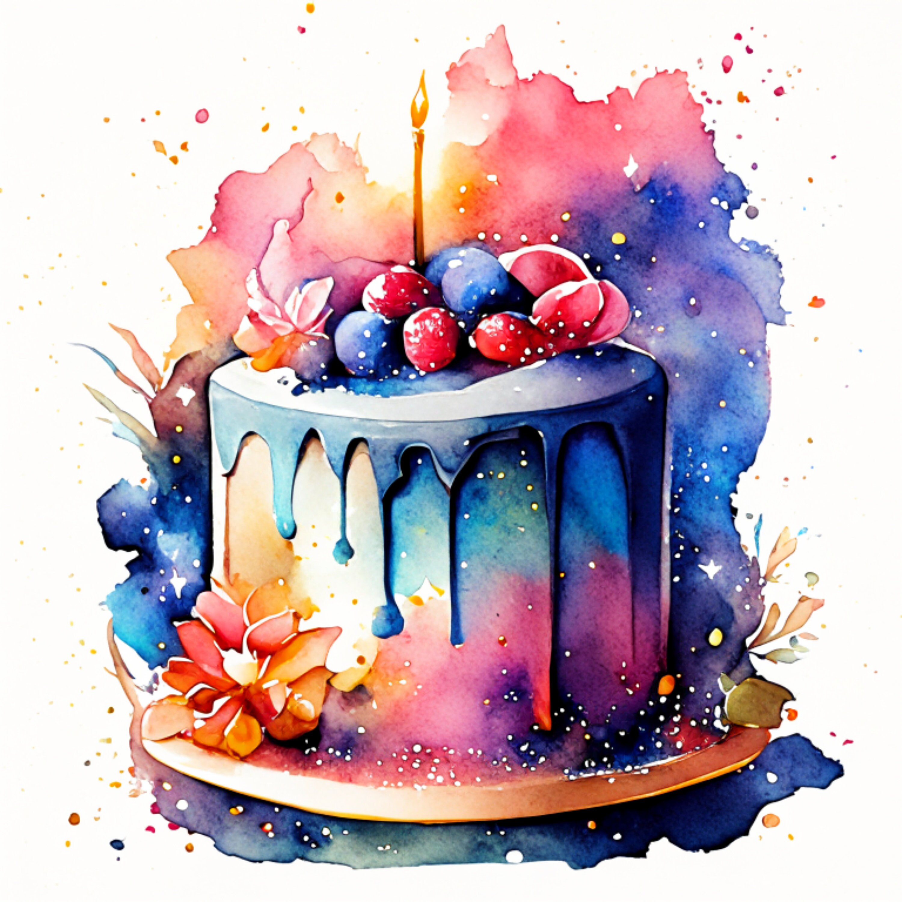 Watercolor Birthday Cake Clipart: High-resolution PNG Graphics (instant ...