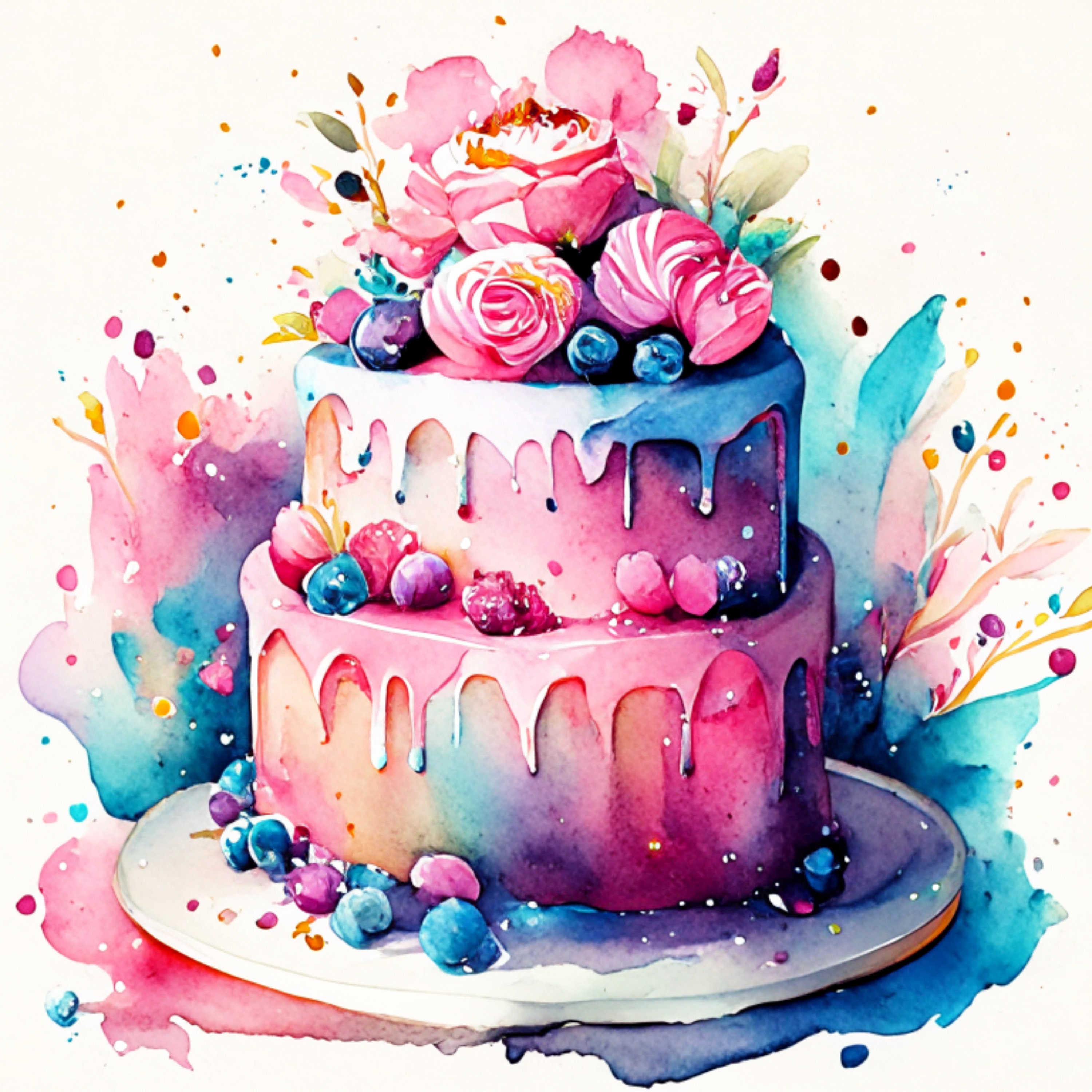 Watercolor Birthday Cake Clipart: High-resolution PNG Graphics (instant ...