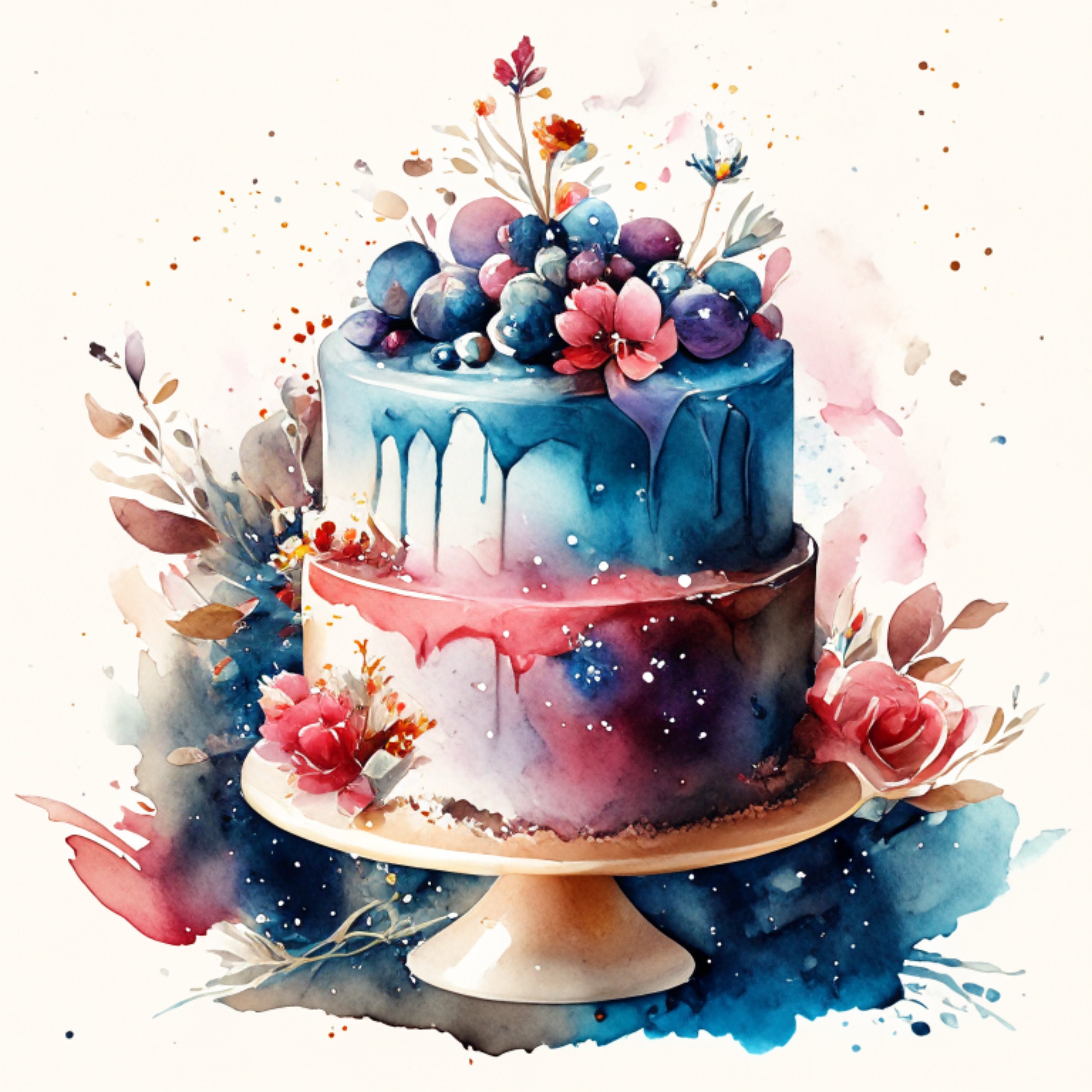 Watercolor Birthday Cake Clipart: High-resolution PNG Graphics (instant ...