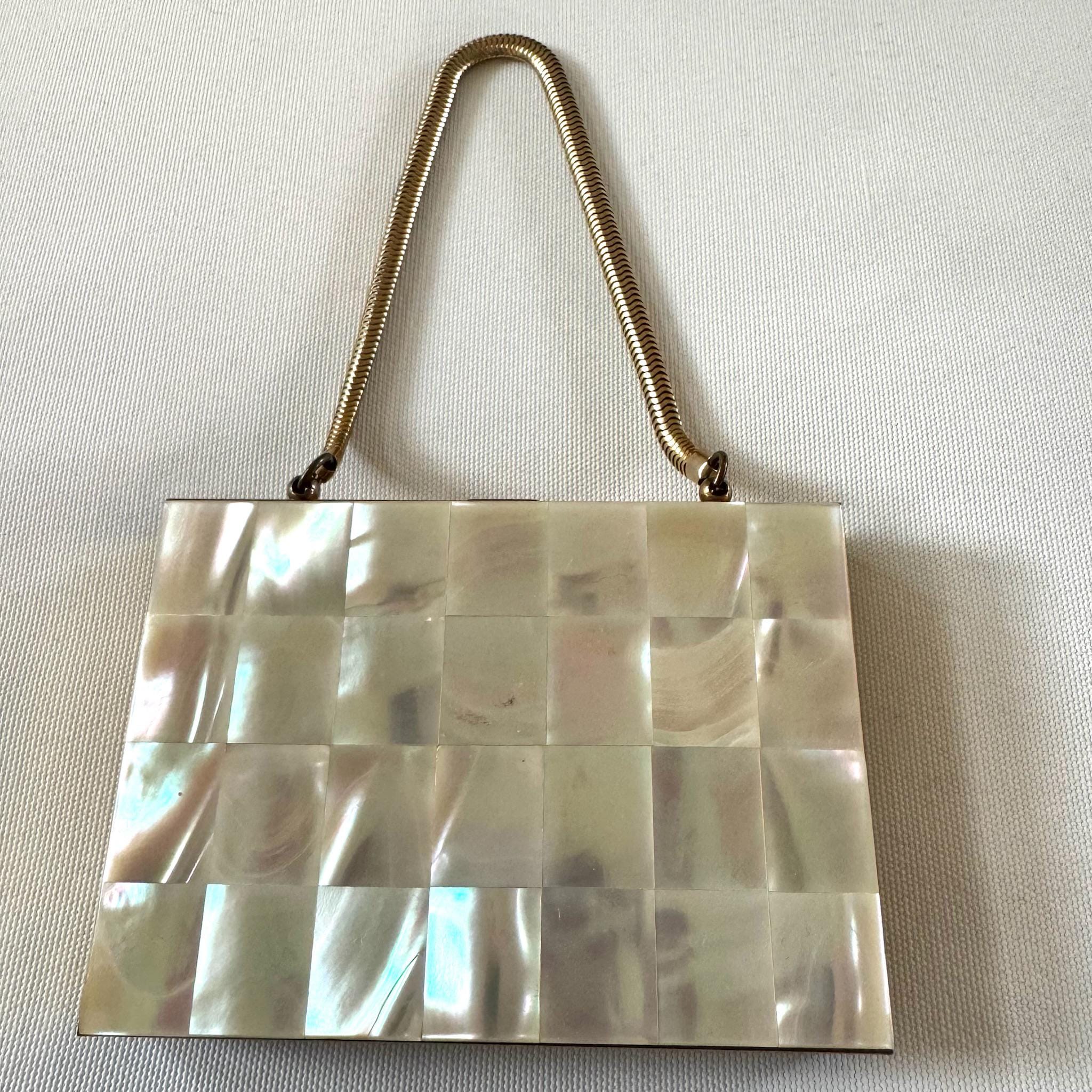 VTG 50's Marhill Compact Purse Makeup Case Mother Of Pearl Minaudiere