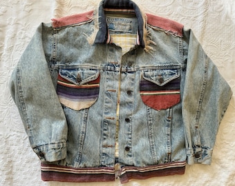 90s Acid washed Denim Belma Jacket women’s l-xl reworked multiple fabrics up cycled rustic