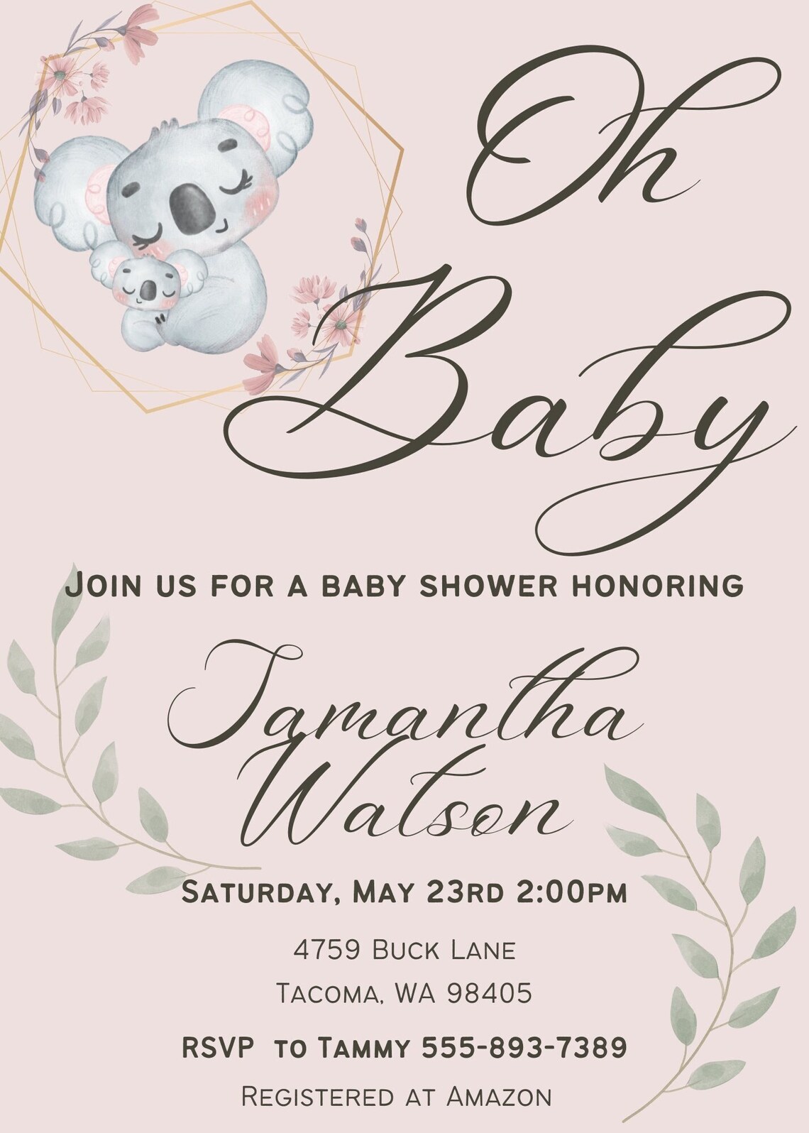 Baby Shower Invitation Girl Koala Template 5x7 Etsy