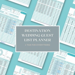 Könnte beinhalten: Ein druckbarer Hochzeitsplaner für Gästelisten für Destinationen mit einem hellblauen und weißen Farbschema. Der Planer hat einen Tab für alles, einschließlich Gästeinformationen, RSVP-Verfolgung und Sitzplänen. Der Text "DESTINATION WEDDING GUEST LIST PLANNER" und "1 TAB FOR EVERYTHING" wird auf dem Planer angezeigt.