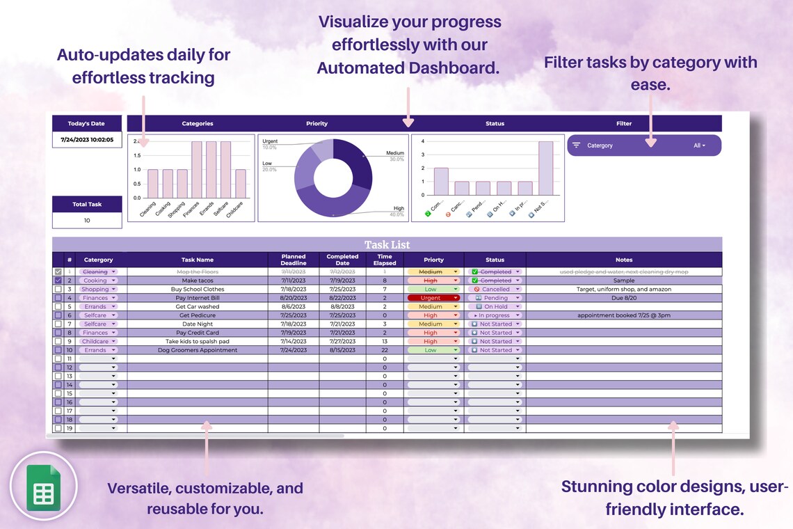 To Do List Spreadsheet Goal Tracker Google Sheets Task Tracker Template ...