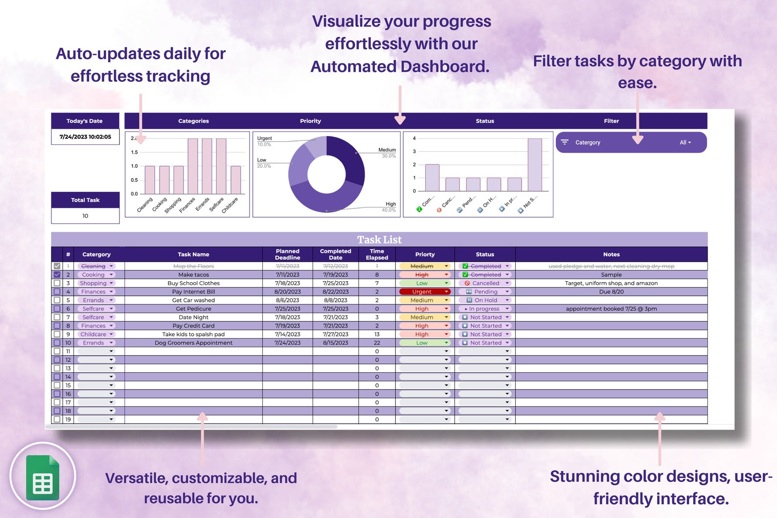 To Do List Spreadsheet Goal Tracker Google Sheets Task Tracker Template ...