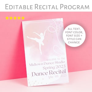 Może przedstawiać: Edytowalny szablon programu recitalu tanecznego z różowym akwarelowym tłem i sylwetką baletnicy. Tekst brzmi: "Witamy w Midtown Dance Studio Wiosna 2023 Recital tańca 9 maja 2023".