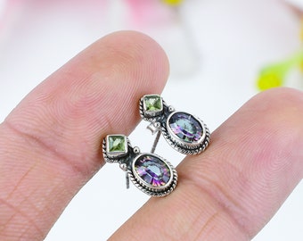 Mystic Topaz/Peridot Gemstone Stud Earrings 925 Sterling Silver Two stone Stud Earrings Handmade Earrings Gift For Mother Birthday Gift