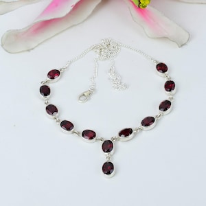 Genuine Garnet Necklace, Oval Cut Garnet Gemstone Necklace, 925 Solid Sterling Silver Handmade Necklace, Silver Chain Adjustable Necklace