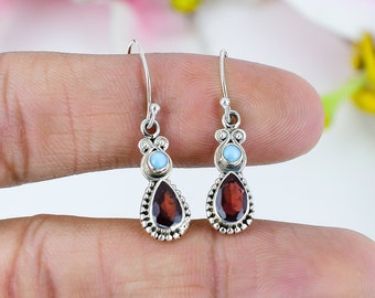 Red Garnet Earring, 925 Solid Sterling Silver Gemstone Earrings, Larimer Silver Earring, Birthday Earring, Gift For Her, Two Stone Earrings