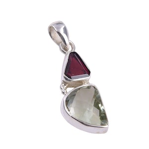 Genuine Green Amethyst And Garnet Pendant Necklace, 925 Solid Sterling Silver Gemstone Pendant, Garnet Pendant, Amethyst Jewelry For Her