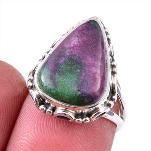 Handmade Ruby Zoisite Gemstone Ring: 925 Solid Sterling Silver Pear-Shaped Dainty Chunky Ring