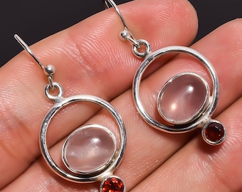 Rose Quartz Earrings 925 Sterling Silver Earrings Rose Quartz Gemstone Earrings Jewelry Handmade Garnet Jewelry Gift For Her Gift For Mother