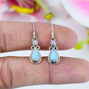 Genuine Republic Larimar Earrings, Pink Opal Earrings, Two Stone Earrings, Handmade Silver Pear Larimar Earrings, Larimar Jewelry For Her
