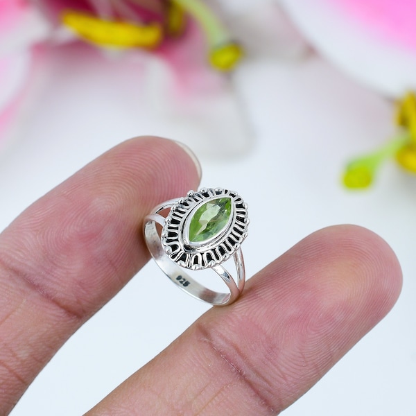 Natural Peridot Gemstone Ring, Designer Dainty Ring, 925 Solid Sterling Silver, Marquise Peridot Ring, August Birthstone Ring, Birthday Gift