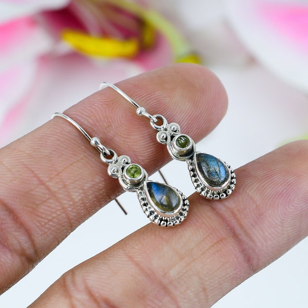 Natural Labradorite Earrings/Peridot Earrings/925 Sterling Silver/Multi Stone Earrings/Dangle Earrings/Gift For Sister/Teenager Earrings