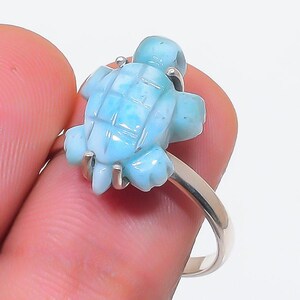 Naturalny pierścień z kamieniem szlachetnym Larimar Tortoise, pierścień ze srebra próby 925, pierścień z kamieniem szlachetnym Tortoise Larimar, pierścień szczęścia, pierścień szczęścia Sea Life dla kobiet