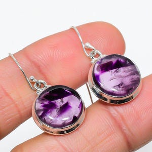 Handmade Genuine Brazilian Amethyst Earrings, Celestial Round Amethyst Dangle Earrings, 925 Solid Sterling Silver Amethyst Jewelry For Her