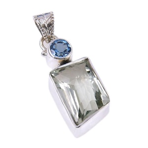 Genuine Green Amethyst Pendant Necklace, 925 Solid Sterling Silver Gemstone Pendant, Blue Topaz Pendant, Handmade Amethyst Pendant For Her