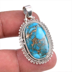 Natural Blue Copper Turquoise Pendant Necklace, 925 Solid Sterling Silver Gemstone Boho Pendant, Handmade Turquoise Pendant, Christmas Gift
